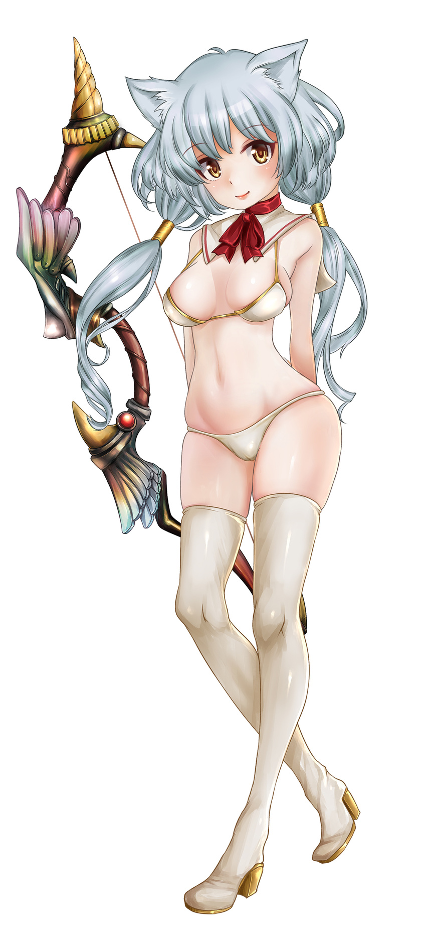 absurdres alternate_color animal_ears bikini boots bow_(weapon) breasts brown_eyes cameltoe cleavage highres kimino_yume long_hair low_twintails medium_breasts silver_hair simple_background solo swimsuit thigh_boots thighhighs twintails weapon