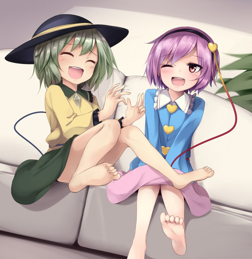 :d ^_^ ^o^ arai_togami barefoot buttons closed_eyes collar convenient_censoring convenient_leg couch crystal feet frilled_shirt_collar frills full_body green_hair green_skirt hairband happy_tears heart indoors jacket komeiji_koishi komeiji_satori laughing legs_up long_sleeves multiple_girls on_couch open_mouth pink_eyes pink_hair pink_skirt plant potted_plant round_teeth short_hair siblings sisters sitting skirt smile soles string teardrop tears teeth toes touhou v_arms yellow_jacket