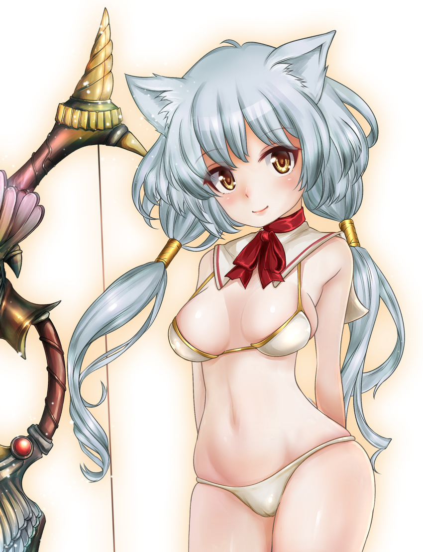 absurdres animal_ears bow_(weapon) breasts brown_eyes cameltoe cleavage highres kimino_yume long_hair low_twintails medium_breasts solo swimsuit twintails weapon
