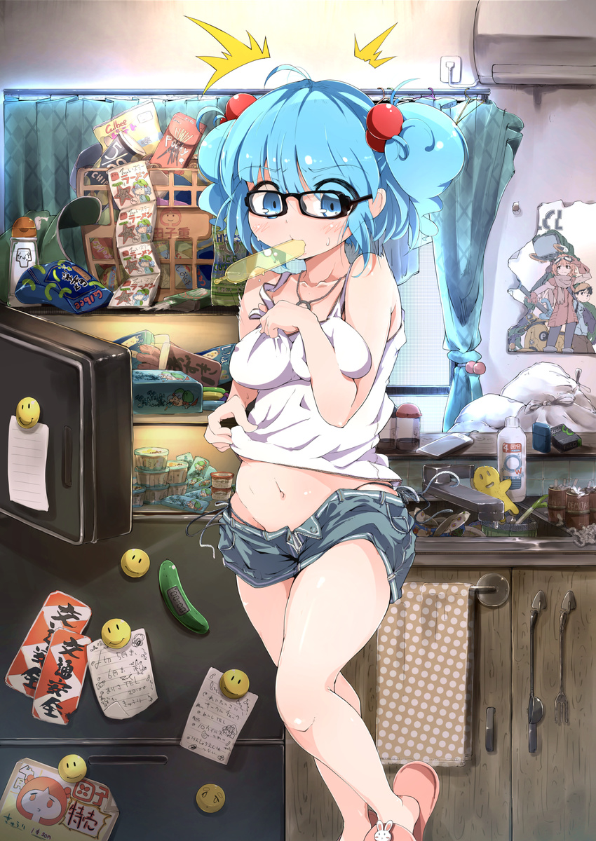 1girl ahoge air_conditioner animal_slippers bare_legs belly belly_grab bespectacled black-framed_eyewear blue_eyes blue_hair bottle breast_pinch breast_press breasts bunny_slippers cabinet calbee_(potato_chips) cellphone cigarette_box cigarette_butt covering covering_breasts cucumber curtains denim denim_shorts eating face_of_the_people_who_sank_all_their_money_into_the_fx faucet flanvia flcl food gari_gari-kun glasses haagen-dazs hair_bobbles hair_ornament haruhara_haruko highres indoors jewelry kawashiro_nitori kitchen looking_at_viewer magnet medium_breasts messy_room midriff mouth_hold nandaba_naota navel necklace no_hat no_headwear no_socks note open_fly panties phone pinching plump pocky polka_dot poster_(object) refrigerator refrigerator_magnet short_shorts shorts side-tie_panties sink sleeveless slippers smartphone smiley_face snack solo spring_onion standing standing_on_one_leg surprised sweat tank_top touhou towel towel_rack tupet two_side_up underwear window