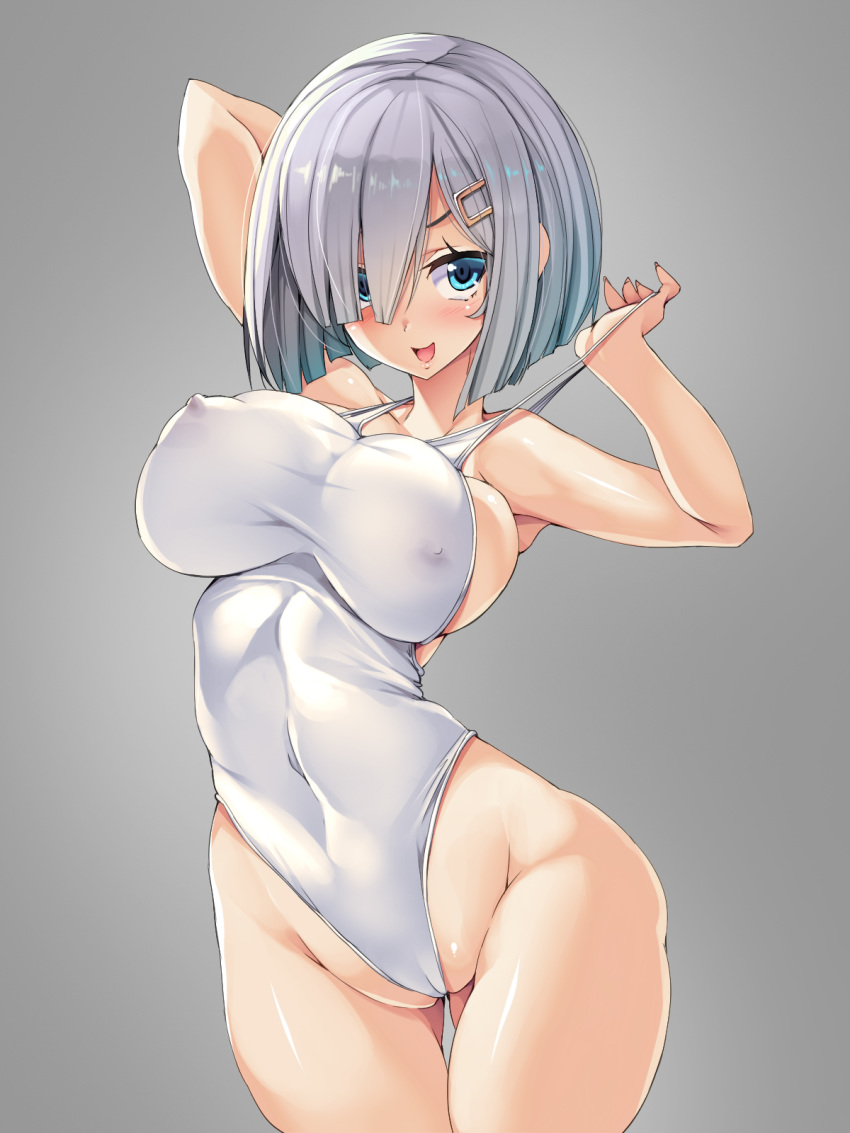 1girl alternate_costume blue_eyes blush breasts competition_swimsuit eyebrows_visible_through_hair gradient gradient_background grey_swimsuit groin hair_between_eyes hair_ornament hairclip hamakaze_(kantai_collection) highleg highres kantai_collection large_breasts nipples one-piece_swimsuit open_mouth short_hair silver_hair smile swimsuit torisan
