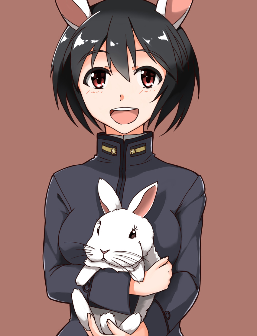 animal_ears black_hair blush brave_witches bunny bunny_ears happy highres hiroshi_(hunter-of-kct) holding looking_at_viewer military military_uniform open_mouth red_eyes shimohara_sadako short_hair simple_background smile solo uniform upper_body world_witches_series