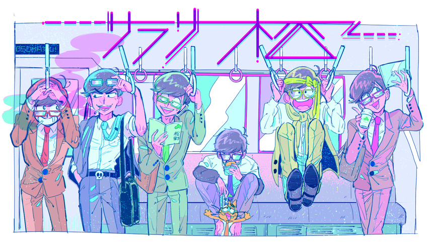 bag bangs bespectacled brothers brown_eyes business_suit cardigan cat cigarette coffee_cup cup disposable_cup eating esper_nyanko formal glasses ground_vehicle highres korozikoro male_focus matsuno_choromatsu matsuno_ichimatsu matsuno_juushimatsu matsuno_karamatsu matsuno_osomatsu matsuno_todomatsu messy_hair multiple_boys osomatsu-kun osomatsu-san reading salaryman sextuplets shoulder_bag siblings smile smoking suit swept_bangs train_interior