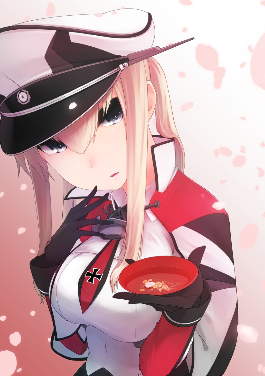 anchor bad_id bad_nicoseiga_id bangs black_gloves blue_eyes breasts capelet cherry_blossoms cup from_side gloves gradient gradient_background graf_zeppelin_(kantai_collection) hair_between_eyes hand_on_own_chin hat head_tilt high_collar highres holding iron_cross kantai_collection large_breasts long_hair long_sleeves looking_at_viewer military military_uniform necktie parted_lips peaked_cap petals sakazuki sidelocks sleeve_cuffs solo suginoji twintails uniform white_hair