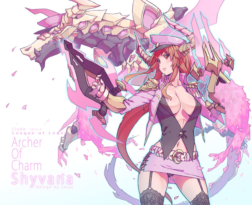 armor belt black_legwear black_panties breasts character_name cleavage cloba collarbone commentary_request copyright_name cowboy_shot dragon garter_straps gradient gradient_background hat helmet jacket lace lace-trimmed_thighhighs large_breasts league_of_legends long_hair looking_to_the_side miniskirt navel no_bra panties pantyshot pantyshot_(standing) peaked_cap pink_jacket pink_skirt red_eyes red_hair shyvana skirt solo standing thighhighs underwear white_background