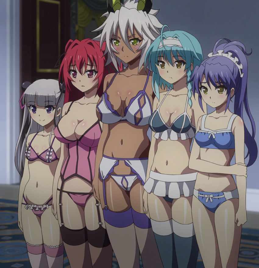 age_difference ahoge aqua_hair arms_at_sides bangs black_legwear black_panties black_thighhighs blue_bra blue_hair blue_panties blue_training_bra blunt_bangs blush blush_stickers bow bow_bra bow_panties bra braid breasts camisole cleavage collarbone cowboy_shot dark_skin demon demon_girl demon_horns door embarrassed expressionless female flipped_hair frilled_bra frilled_legwear frilled_panties frills frown garter garter_belt garter_straps gold_eyes green_eyes groin hair_between_eyes hair_intakes hair_ornament hair_ribbon hair_scrunchie hairband headdress height_difference high_ponytail highleg highleg_panties highres holding holding_arm horns human indoors inside lace lace-trimmed_thighhighs large_breasts legwear light-skinned light_smile lineup lingerie long_hair looking_ahead looking_to_the_side microskirt midriff multicolored_bra multicolored_legwear multicolored_panties multiple_girls naruse_maria naruse_mio navel nonaka_kurumi nonaka_yuki open_mouth panties parted_lips pink_bra pink_eyes pink_legwear pink_panties pink_thighhighs pink_torsolette pleated_skirt ponytail production_ims purple_bra purple_eyes purple_panties raised_eyebrows red_eyes red_hair ribbon ruffle_panties ruffled_bra ruffled_panties screen_capture screencap scrunchie shadow shinmai_maou_no_testament shinmai_maou_no_testament_burst shiny shiny_hair shiny_skin short_hair siblings side_braid sideboob sidelocks silver_hair sisters size_difference skirt slender small_breasts smile standing stitched stockings string_panties succubus thick_thighs thighhighs thighs tied_hair torsolette training_bra twintails two_side_up underwear underwear_only white_bra white_hair white_hair_ornament white_hairband white_legwear white_panties white_scrunchie white_skirt white_thighhighs yellow_eyes zest_(shinmai_maou_no_testament)