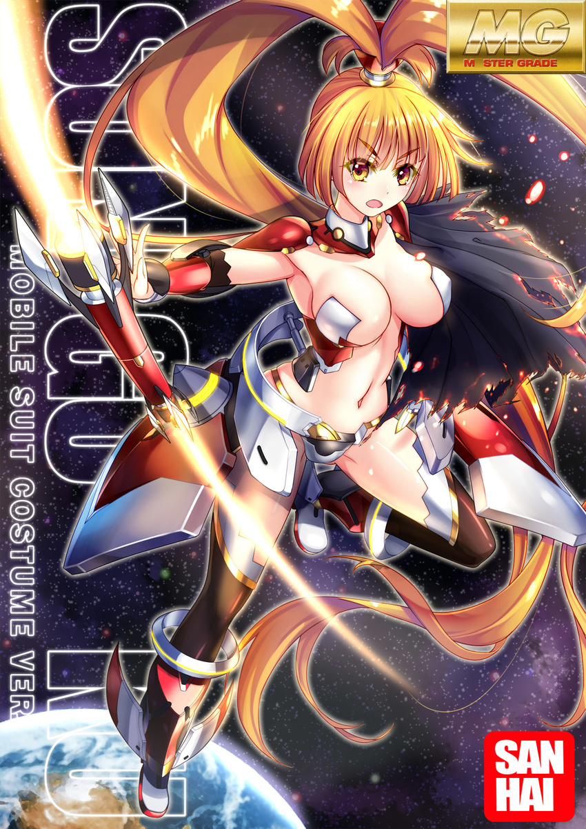 breasts character_name gunpla highres large_breasts orange_eyes orange_hair ryuuzouji_usagi sangai_senki solo space sun_wukong_(sangai_senki)