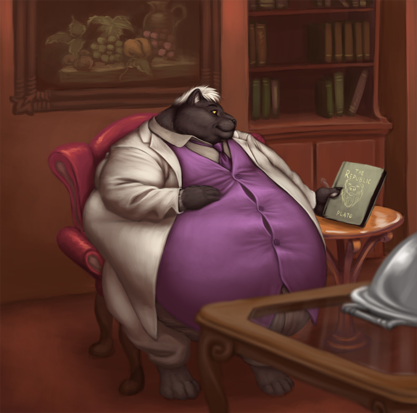 anthro barefoot belly belly_overhang big_belly black_fur book bookshelf cephy chubby_cheeks claws clothed clothing detailed_background feline fur hair hand_on_stomach holding_book holding_object hyper hyper_belly inside love_handles male mammal necktie obese obese_male overweight overweight_male painting pantherine sitting smile solo straining_buttons sugarboy suit white_fur wide_hips