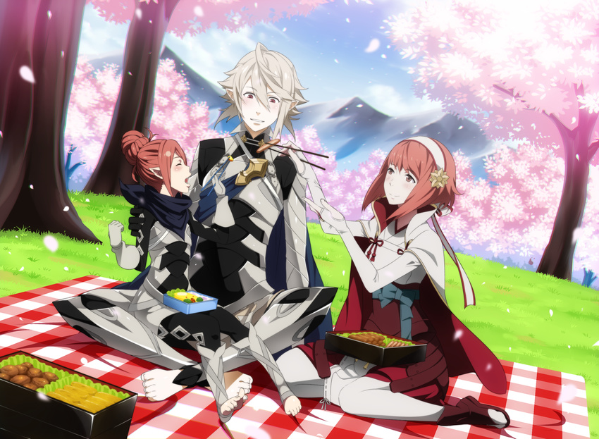 2girls absurdres barefoot cherry_blossoms commentary family father_and_daughter fire_emblem fire_emblem_if food hanami headband highres husband_and_wife kanna_(female)_(fire_emblem_if) kanna_(fire_emblem_if) male_my_unit_(fire_emblem_if) mamkute mother_and_daughter multiple_girls my_unit_(fire_emblem_if) obentou picnic sakura_(fire_emblem_if) xennad_eulano