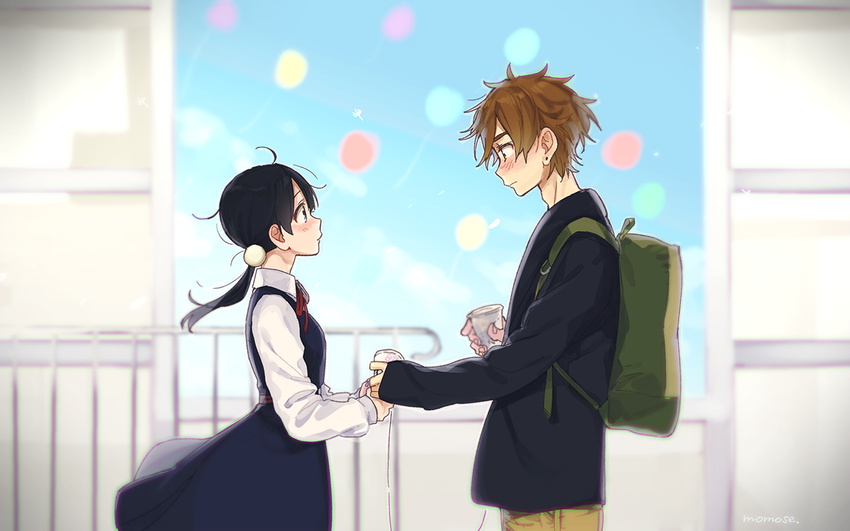 1girl backpack bag black_hair brown_eyes brown_hair kitashirakawa_tamako long_hair low_twintails momose_(oqo) ooji_mochizou short_hair string_phone tamako_love_story tamako_market twintails