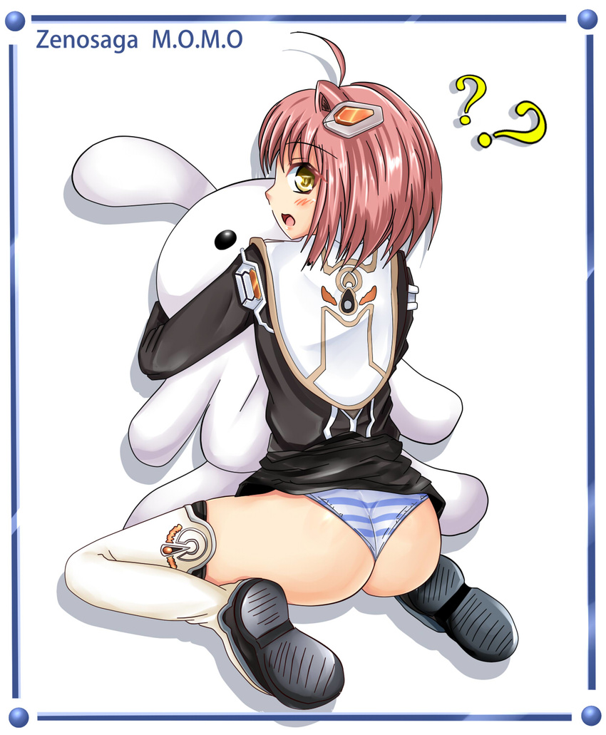 ?? ahoge ass blush boots dress dress_lift from_behind hair_ornament looking_back m.o.m.o. open_mouth panties pink_hair shiny shiny_clothes shiny_hair shiny_skin short_hair solo striped striped_panties stuffed_animal stuffed_toy thigh_boots underwear wariza xenosaga