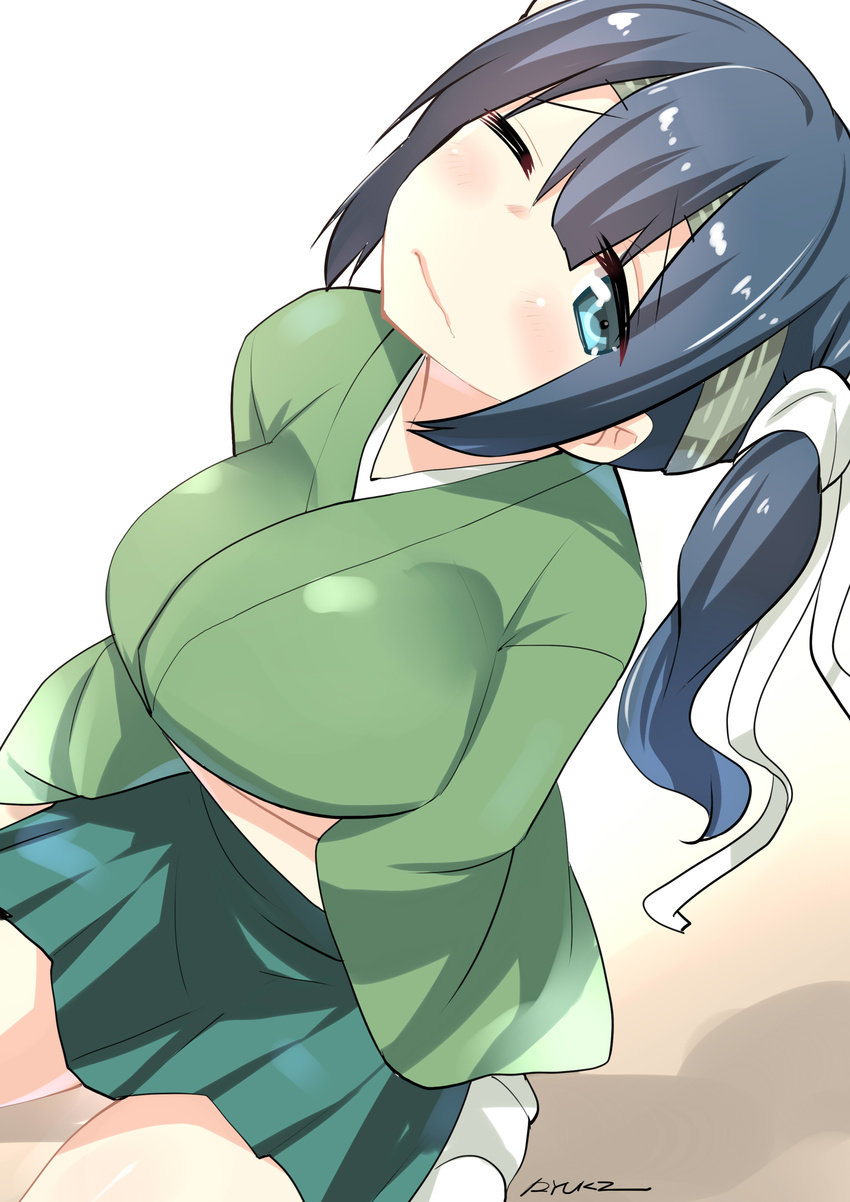 absurdres artist_name blue_eyes blue_hair blush breast_rest breasts commentary green_skirt hair_ribbon headband highres japanese_clothes kantai_collection kimono large_breasts looking_at_viewer looking_up one_eye_closed pleated_skirt remodel_(kantai_collection) ribbon ryuki_(ryukisukune) sitting skirt socks solo souryuu_(kantai_collection) twintails wavy_mouth white_legwear white_ribbon wide_sleeves
