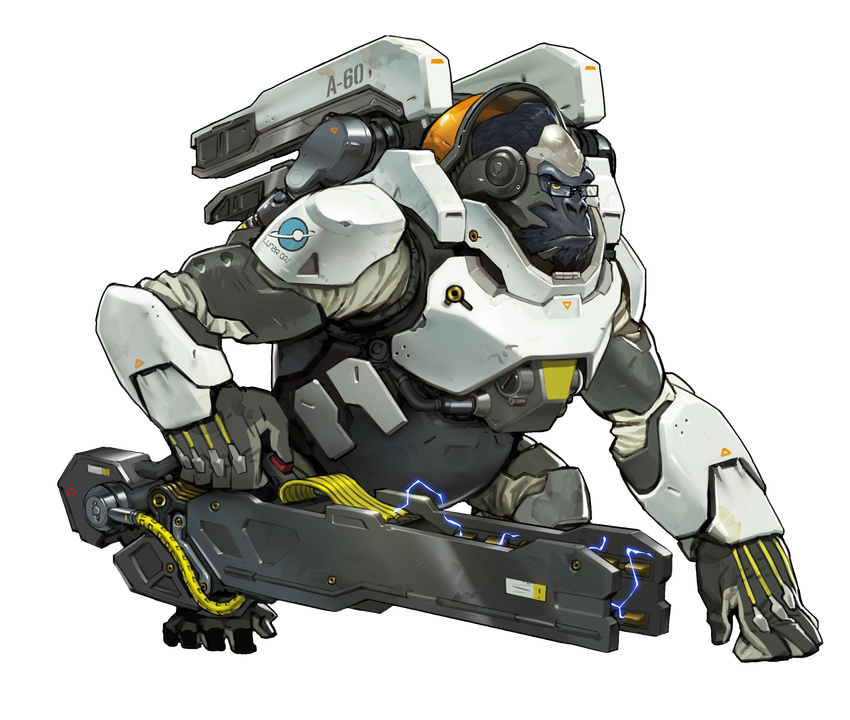 arnold_tsang electricity full_body glasses gorilla highres male_focus official_art overwatch solo transparent_background weapon winston_(overwatch) yellow_eyes