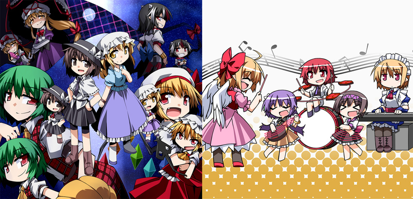 &gt;_&lt; angel_wings beamed_eighth_notes biwa_lute blonde_hair bow brown_eyes brown_hair chibi closed_eyes closed_fan drum drum_set fan flandre_scarlet folding_fan full_moon gap gengetsu gensou_ningyou_enbu green_hair grin halftone halftone_background hat hat_bow hat_ribbon hemogurobin_a1c horikawa_raiko horns instrument kazami_yuuka keyboard_(instrument) kijin_seija laevatein lavender_hair lute_(instrument) maid_headdress maribel_hearn mob_cap moon mugetsu multicolored_hair multiple_girls musical_note parasol quarter_note red_eyes red_hair ribbon shorts shorts_under_skirt smile split_screen staff_(music) streaked_hair touhou touhou_(pc-98) tsukumo_benben tsukumo_yatsuhashi umbrella usami_renko white_hair wings yakumo_yukari yellow_eyes