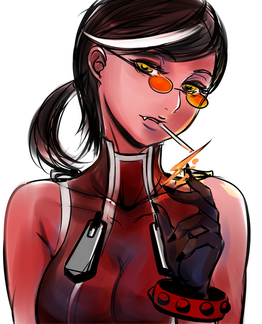 bare_shoulders black_hair black_nails blazblue cigarette early_type eyelashes fang fire genderswap genderswap_(mtf) glasses head_tilt highres iron_tager multicolored_hair nail_polish pince-nez red_skin short_ponytail sleeveless smoking solo streaked_hair studded_bracelet sunglasses two-tone_hair upper_body white_hair yellow_eyes zipper