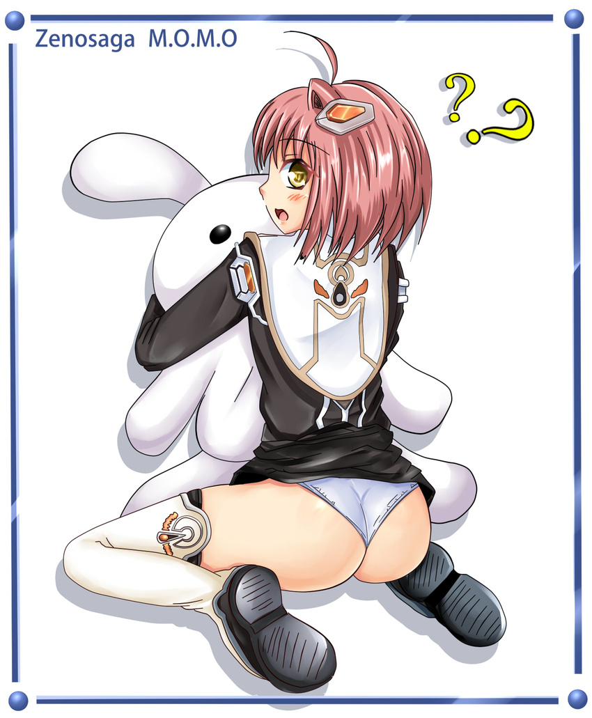 ?? ahoge ass blush boots dress dress_lift from_behind hair_ornament looking_back m.o.m.o. open_mouth panties pink_hair shiguko shiny shiny_clothes shiny_hair shiny_skin short_hair solo stuffed_animal stuffed_toy thigh_boots underwear wariza white_panties xenosaga