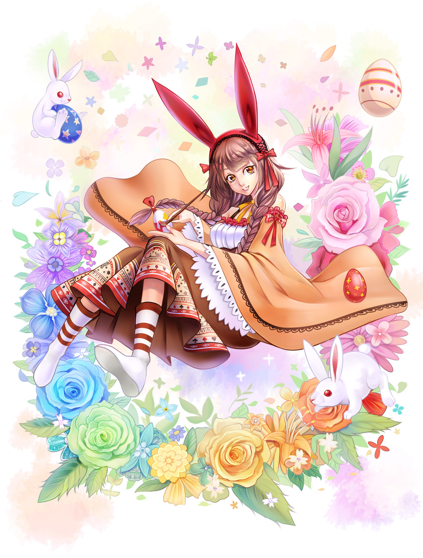 absurdres animal_ears blue_flower blue_rose boots bow braid brown_hair bunny bunny_ears dress easter easter_egg egg flower green_flower green_rose hair_bow highres leaf long_hair looking_at_viewer mr._j.w open_mouth original paintbrush painting red_bow red_eyes rose solo twin_braids white_footwear wide_sleeves yellow_eyes