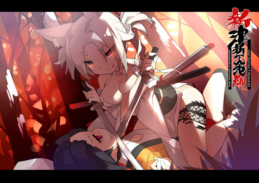 :q albino animal_ears bare_shoulders black_legwear blank_eyes blue_hair breast_press breasts cat_ears choker cleavage closed_mouth crossed_arms crossed_swords eyebrows girl_on_top holding holding_sword holding_weapon index_finger_raised knees_up leaning_forward letterboxed licking_lips long_hair lying medium_breasts multiple_girls on_back over-kneehighs pillar pixiv_fantasia pixiv_fantasia_t ponytail saru sitting sitting_on_person smile sword thick_eyebrows thigh_strap thighhighs tongue tongue_out unsheathed weapon white_hair