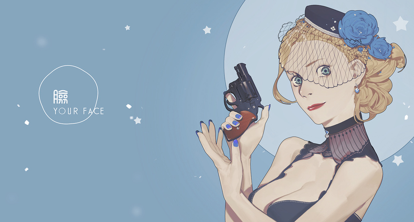 bare_shoulders blonde_hair blue_eyes blue_nails breasts charter_arms_undercover cleavage earrings english gun handgun hat jewelry lan_se_fangying large_breasts lipstick looking_at_viewer makeup nail_polish original revolver solo star upper_body weapon
