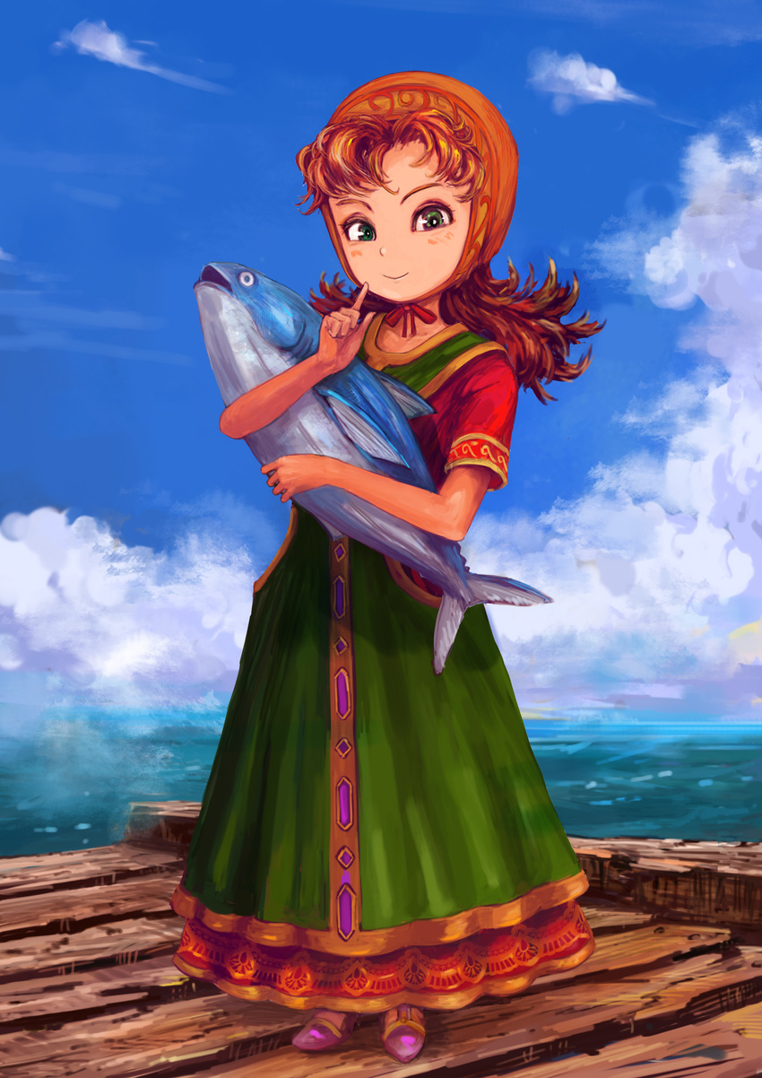 blue_eyes blush curly_hair dragon_quest dragon_quest_vii dress highres long_hair maribel_(dq7) red_hair solo tamaishi