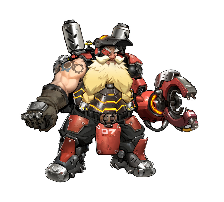 absurdres arnold_tsang beard blonde_hair braided_beard clenched_teeth cyborg facial_hair forked_beard full_body gloves highres male_focus mask mask_on_head muscle official_art overwatch solo standing teeth torbjorn_(overwatch) transparent_background welding_mask