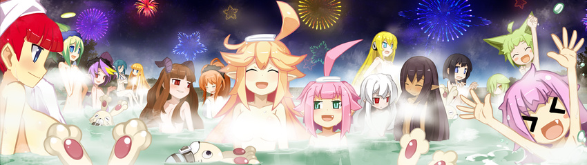 &gt;_&lt; 6+girls :d ^_^ ahoge alternate_hairstyle altis alys_levantine animal_ears arm_up attouteki_yuugi_mugen_souls attouteki_yuugi_mugen_souls_z bathing bellaria_(mugen_souls) bikini black_hair black_wings blonde_hair blue_eyes blue_hair blush blush_stickers breasts brown_hair chou_chou chou_chou_egotistical clenched_hand closed_eyes collarbone convenient_censoring crossed_arms crossed_legs dark_skin dees_vanguard ear_censor everyone fang fireworks flat_chest game_cg green_eyes green_hair grin hair_censor hair_down hair_ornament hair_over_one_eye hair_scrunchie highres horns izayoi_tsukika large_breasts long_hair looking_at_another marina_cannonvale micro_bikini multicolored_hair multiple_girls nanameda_kei nao_(mugen_souls) nude official_art onluka onsen open_mouth partially_submerged pink_hair pointy_ears ponytail profile purple_hair red_eyes red_hair reu_(mugen_souls) sandy_sunshine scrunchie shampuru sharuru_cocott shilma_(mugen_souls) short_hair_with_long_locks side_ponytail sky smile standing steam steam_censor supra swimsuit tioni towel towel_on_head two-tone_hair water welsh_cocott wet white_hair white_wings wings yellow_eyes