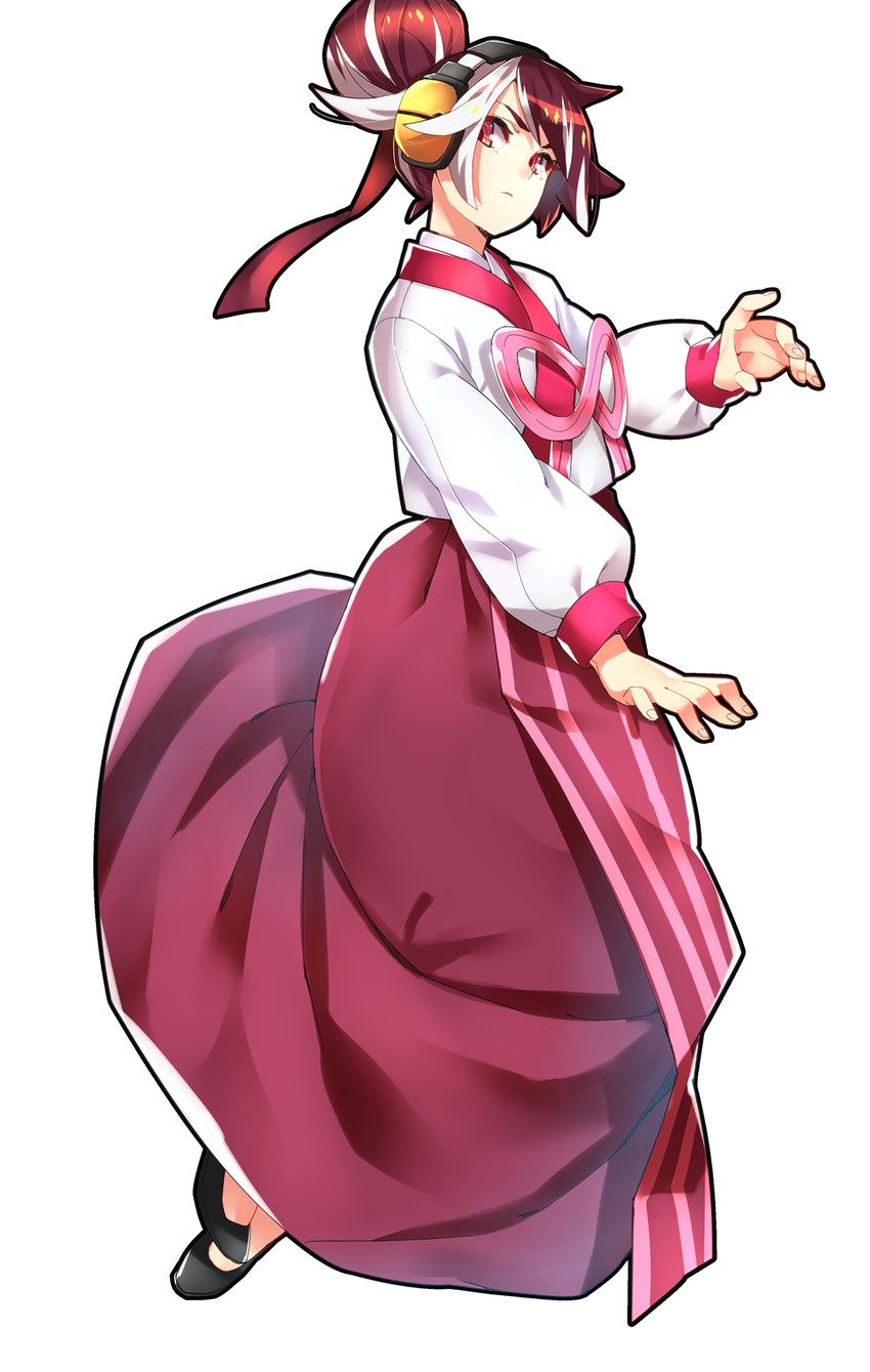 flat_chest flats full_body guilty_gear guilty_gear_xrd hair_bun headphones highres korean_clothes kum_haehyun long_skirt makai multicolored_hair red_eyes skirt solo two-tone_hair white_background white_hair