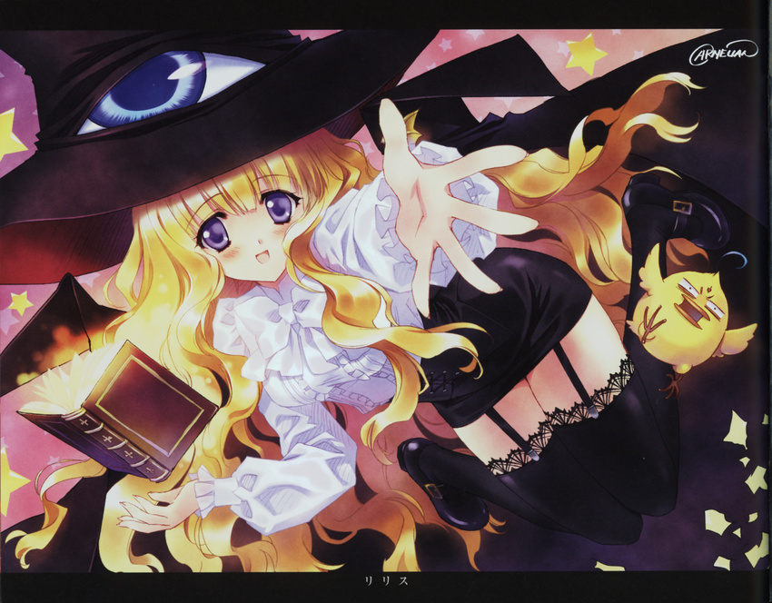 :d absurdres artist_name bangs black_legwear black_skirt blonde_hair blunt_bangs blush book bow bowtie carnelian character_name floating floating_object frilled_sleeves frills garter_straps hat highres ken-chan lace lace-trimmed_thighhighs letterboxed lilith_(yamibou) long_hair long_sleeves mary_janes miniskirt official_art open_book open_mouth outstretched_hand puffy_long_sleeves puffy_sleeves purple_eyes scan scan_artifacts shoes signature single_eye skirt smile solo star thighhighs very_long_hair wavy_hair wavy_mouth white_bow yami_to_boushi_to_hon_no_tabibito zettai_ryouiki