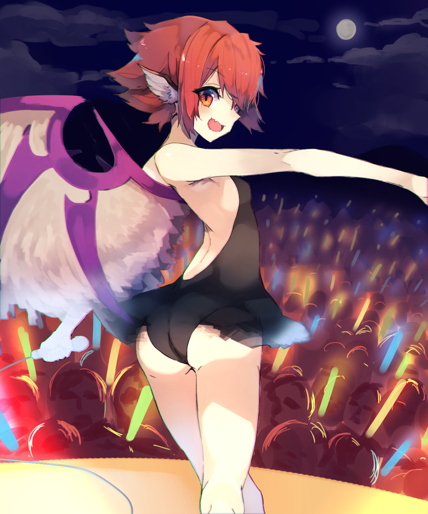 :d animal_ears arched_back ass backless_dress backless_outfit bare_arms bare_back bare_legs bare_shoulders black_dress concert crowd dress fang from_behind full_moon glowstick head_wings highres kasuka_(kusuki) looking_at_viewer looking_back microdress microphone moon mystia_lorelei night night_sky open_mouth orange_eyes outstretched_arm red_eyes red_hair sky smile solo_focus standing touhou white_wings wings