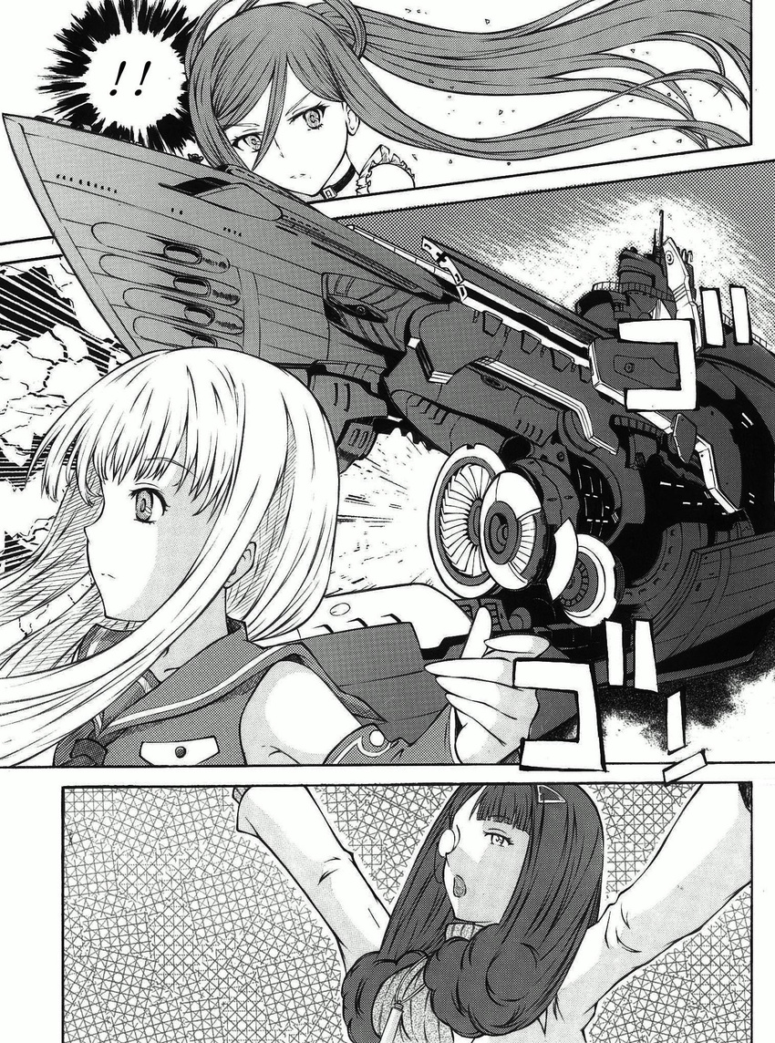 aoki_hagane_no_arpeggio bad_id bad_pixiv_id bangs choker detached_sleeves engeki-bu_danshi greyscale hair_ornament hairclip highres hyuuga_(aoki_hagane_no_arpeggio) i-401_(aoki_hagane_no_arpeggio) ink_(medium) iona jpeg_artifacts long_hair military military_vehicle mixed_media mole mole_under_mouth monochrome monocle multiple_girls open_mouth outstretched_arms profile sailor_collar submarine takao_(aoki_hagane_no_arpeggio) traditional_media watercraft