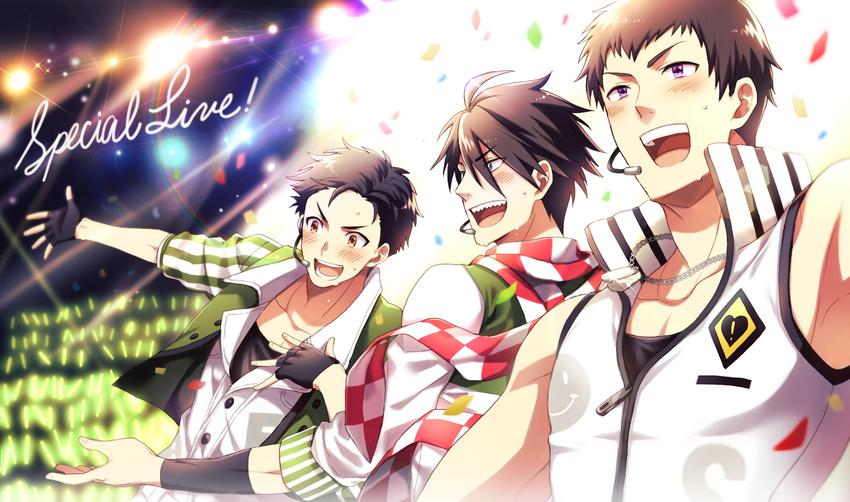 akuno_hideo armlet brown_eyes confetti cursive dog_tags english fingerless_gloves frame_(idolmaster) gloves glowstick headset idol idolmaster idolmaster_side-m kimura_ryuu male_focus md5_mismatch multiple_boys open_mouth purple_eyes scarf sharp_teeth shingen_seiji shiron_(shiro_n) sleeveless teeth upper_body