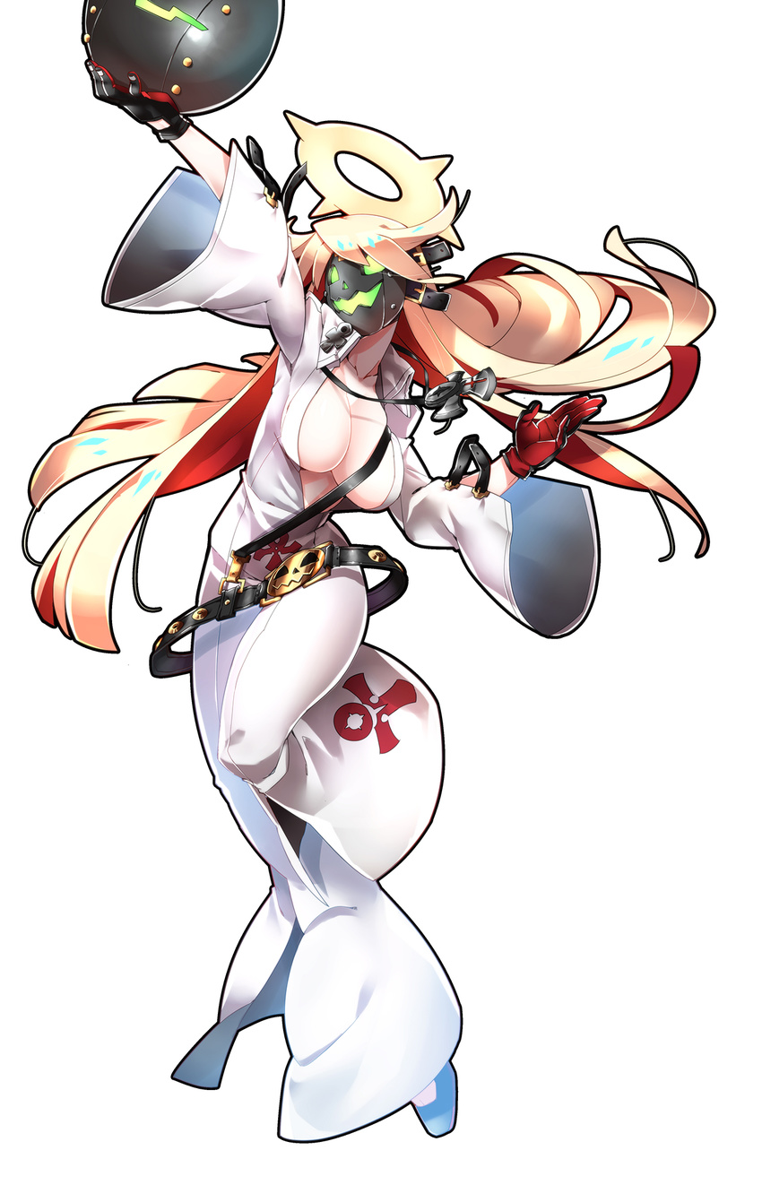 bellbottoms belt between_breasts black_gloves blonde_hair breasts cleavage cross cross_necklace full_body gloves glowing glowing_eyes green_eyes guilty_gear guilty_gear_xrd halo highres jack-o'_valentine jewelry large_breasts long_hair makai mask necklace no_bra solo strap_cleavage white_background wide_sleeves