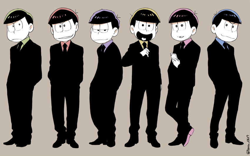 :&lt; black_hair brothers formal grey_background hands_in_pockets heart heart_in_mouth highres huni0617 jitome lineup looking_at_viewer male_focus matsuno_choromatsu matsuno_ichimatsu matsuno_juushimatsu matsuno_karamatsu matsuno_osomatsu matsuno_todomatsu messy_hair multiple_boys osomatsu-kun osomatsu-san sextuplets siblings simple_background smile suit twitter_username