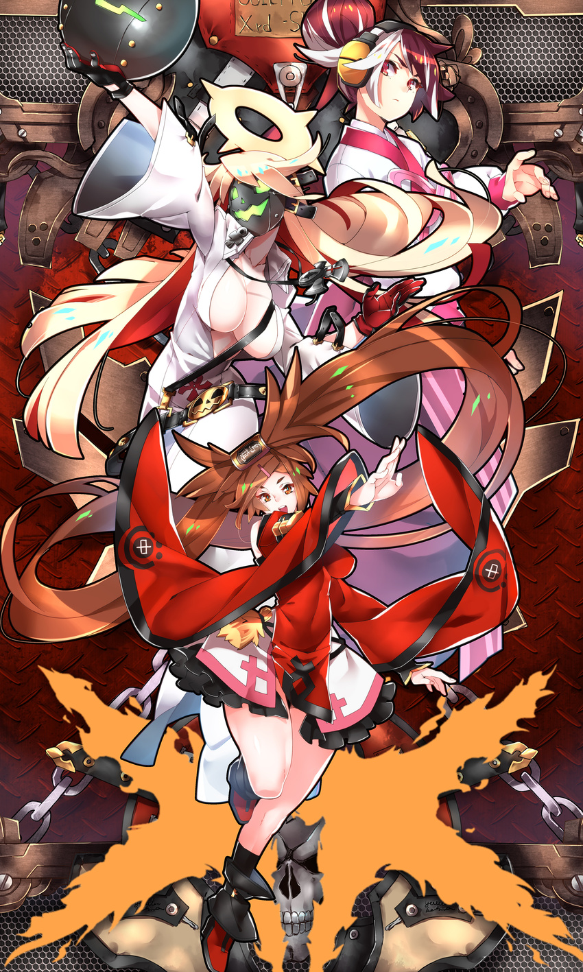 absurdres ball_and_chain_restraint breasts china_dress chinese_clothes cleavage collage detached_sleeves dress flat_chest guilty_gear guilty_gear_xrd hair_bun halo headphones highres jack-o'_valentine korean_clothes kum_haehyun kuradoberi_jam large_breasts long_skirt makai mask multicolored_hair multiple_girls red_eyes red_hair skirt two-tone_hair white_hair wide_sleeves