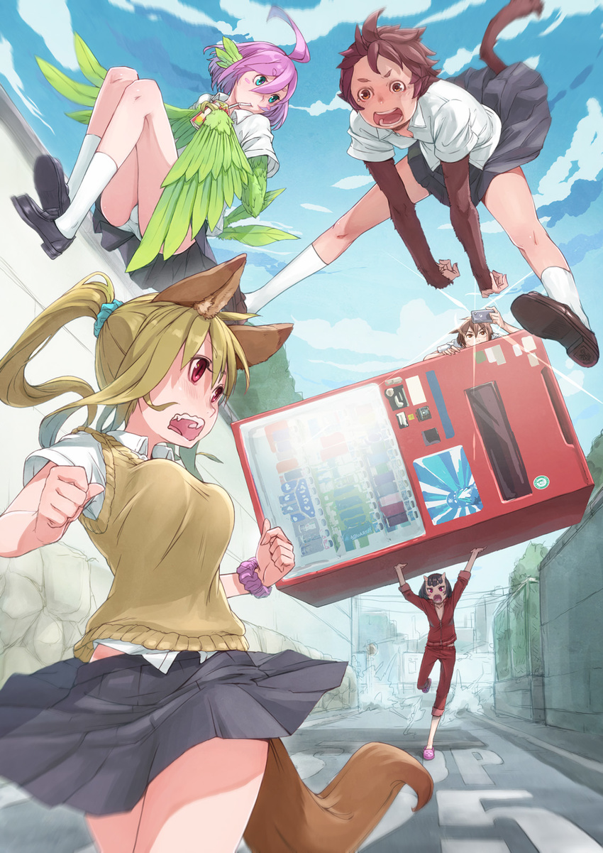 4girls animal_ears bad_id bad_pixiv_id blonde_hair blue_eyes brown_eyes brown_hair check_commentary commentary_request dog_ears dog_tail feathered_wings feathers female_pervert harpy highres horns implied_pantyshot momotarou monkey_tail monster_girl multiple_girls nukomasu oni original panties pervert purple_hair red_eyes running school_uniform short_hair tail track_suit underwear vending_machine wings