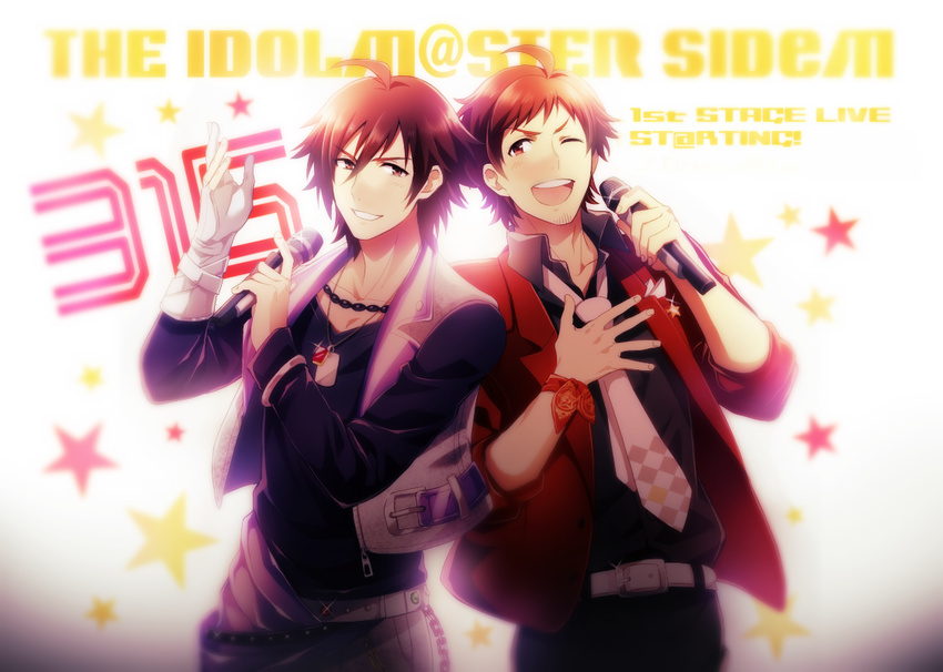 amagase_touma belt dog_tags english facial_hair gloves goatee idolmaster idolmaster_side-m jewelry male_focus microphone multiple_boys necklace necktie open_mouth sash shiron_(shiro_n) star tendou_teru vest white_gloves