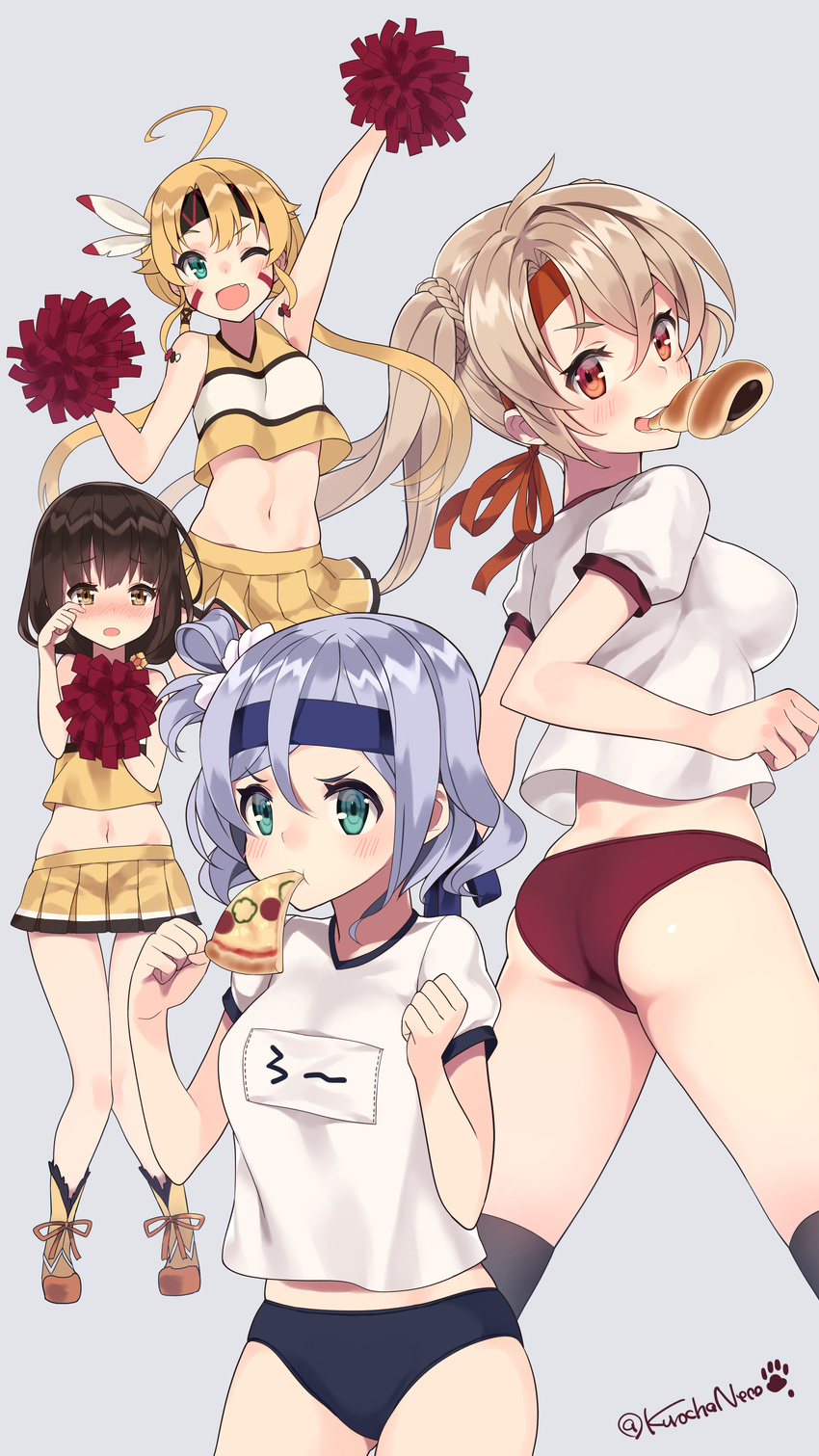 :t ;d absurdres ahoge aqua_eyes arm_up armpits ass back bare_shoulders black_hair blonde_hair blue_buruma blue_hair blush bread_eating_race breasts brown_eyes brown_hair buruma cheerleader chocolate_cornet clenched_hands eating fang feathers flower_knight_girl food food_in_mouth food_request gaillardia_(flower_knight_girl) green_eyes gym_uniform hair_between_eyes hair_ornament headband helenium_(flower_knight_girl) highres jacket jumping kinrenka_(flower_knight_girl) kneehighs knees_together_feet_apart kuro_chairo_no_neko large_breasts laurentia_(flower_knight_girl) light_brown_hair long_hair looking_at_viewer looking_back low_twintails midriff miniskirt mouth_hold multiple_girls name_tag navel one_eye_closed open_mouth pizza pom_poms red_buruma red_eyes shoes short_hair short_sleeves simple_background skirt sleeveless slice_of_pizza smile sneakers tears tongue tongue_out track_jacket twintails twitter_username v-shaped_eyebrows wiping_tears yellow_skirt