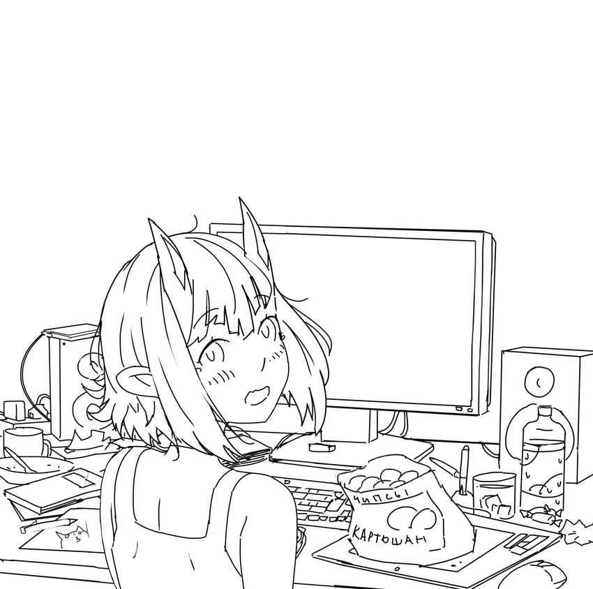 arsenixc blush bottle chips cup food from_behind greyscale highres horns horny_(arsenixc) keyboard_(computer) lineart looking_back monitor monochrome mouse_(computer) open_mouth original pencil plate pointy_ears shirt short_hair sitting sleeveless sleeveless_shirt solo speaker stylus surprised table tablet tears template wacom water_bottle wavy_mouth webcam