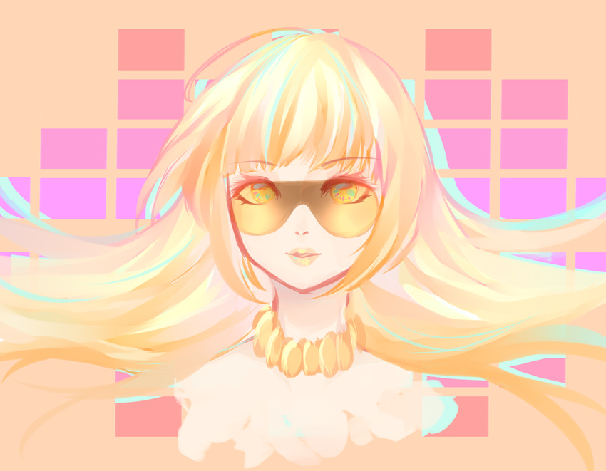 blonde_hair choker cyber_diva eyelashes glasses highres jewelry lipstick long_hair makeup matomiki multicolored multicolored_eyes multicolored_hair necklace solo upper_body vocaloid yellow_eyes yellow_lipstick