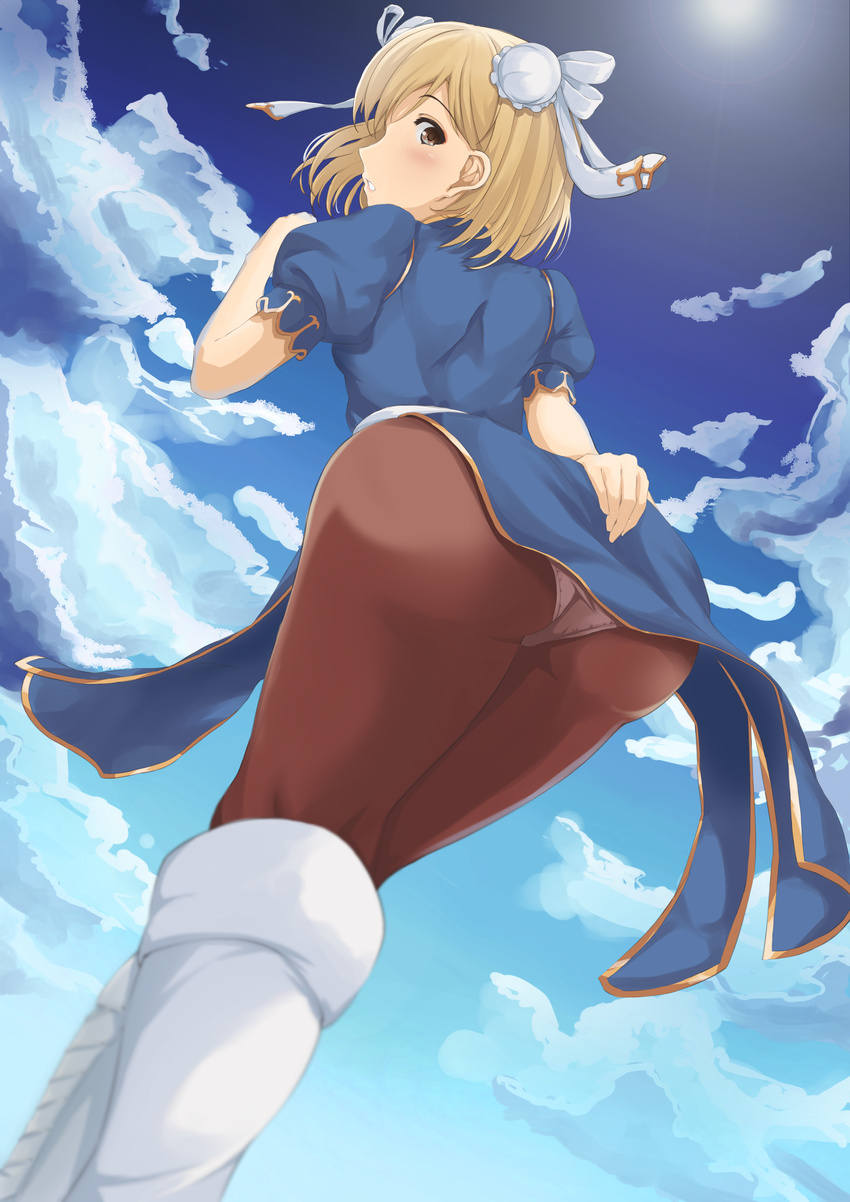 absurdres ass bad_id bad_pixiv_id blonde_hair blush brown_eyes bun_cover china_dress chinese_clothes chun-li chun-li_(cosplay) cosplay djeeta_(granblue_fantasy) dress granblue_fantasy highres looking_back panties panties_under_pantyhose pantyhose raichi_(yuriya003) short_hair solo street_fighter underwear