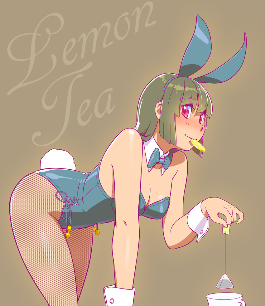 animal_ears bow bowtie breasts bunny_ears bunny_tail bunnysuit cleavage cup detached_collar fishnet_pantyhose fishnets fukusuke_hachi-gou green_hair highres large_breasts leaning_forward mouth_hold original pantyhose red_eyes short_hair solo tail teabag teacup wrist_cuffs