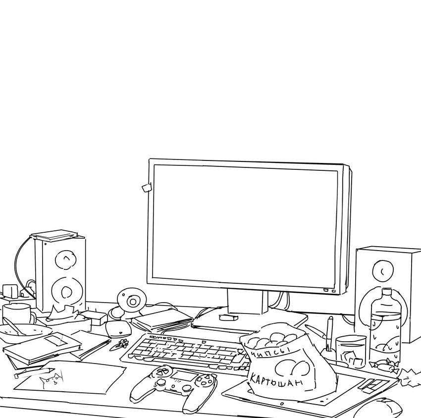 bottle chips controller cup food game_controller greyscale highres keyboard_(computer) lineart monitor monochrome mouse_(computer) no_humans original pencil plate speaker stylus table tablet template wacom water_bottle webcam