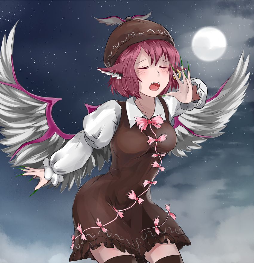 :o blush bow bowtie breasts brown_dress brown_hat brown_legwear closed_eyes cloud collarbone cowboy_shot dress earrings fingernails frilled_dress frilled_sleeves frills full_moon green_nails grey_wings hat head_wings highres jewelry long_fingernails long_sleeves medium_breasts moon moonlight music mystia_lorelei nail_polish night night_sky open_mouth pan-ooh pink_bow pink_neckwear puffy_long_sleeves puffy_sleeves red_hair short_dress short_hair singing sky solo star_(sky) starry_sky thighhighs touhou very_long_fingernails wings zettai_ryouiki