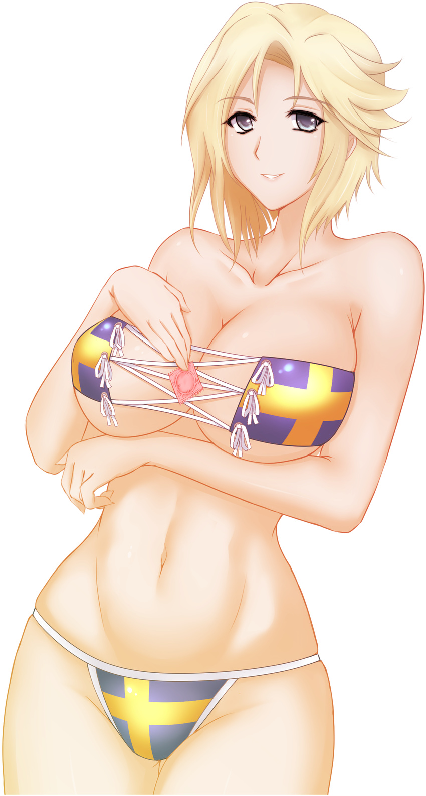 bad_id bad_pixiv_id bikini blonde_hair blue_eyes breasts cleavage condom condom_wrapper cowboy_shot flag flag_print green_kaminari hair_ornament highres holding holding_condom large_breasts looking_at_viewer muvluv muvluv_alternative muvluv_total_eclipse navel open_mouth print_bikini schwarzesmarken short_hair side-tie_bikini smile solo standing stella_bremer sweden swedish_flag swedish_flag_bikini swimsuit teeth transparent_background v