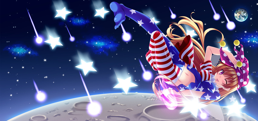 american_flag_dress american_flag_legwear blonde_hair breasts clownpiece danmaku dress dress_lift earth full_body hat highres jester_cap long_hair medium_breasts midriff moon navel neck_ruff pantyhose purple_eyes shooting_star short_dress skywaker solo stomach striped striped_legwear touhou