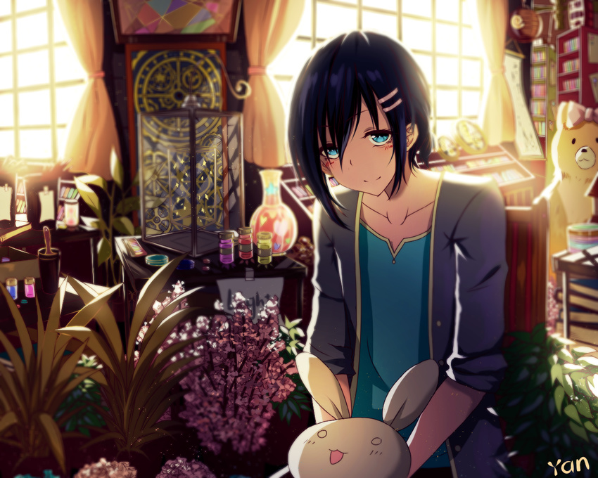 androgynous artist_name black_hair black_jacket blue_eyes blue_shirt blurry blush book book_stack bookshelf bow capsule chair clock closed_mouth collarbone curtains day depth_of_field desk dust english gears hair_between_eyes hair_ornament hairclip heart indoors isumi_(yangyan) jacket long_sleeves looking_at_viewer messy_room note o_o original painting_(object) paper pink_bow plant potted_plant scroll shelf shirt short_hair signature sitting smile solo stuffed_animal stuffed_bunny stuffed_toy sunlight t-shirt table teddy_bear upper_body vase window