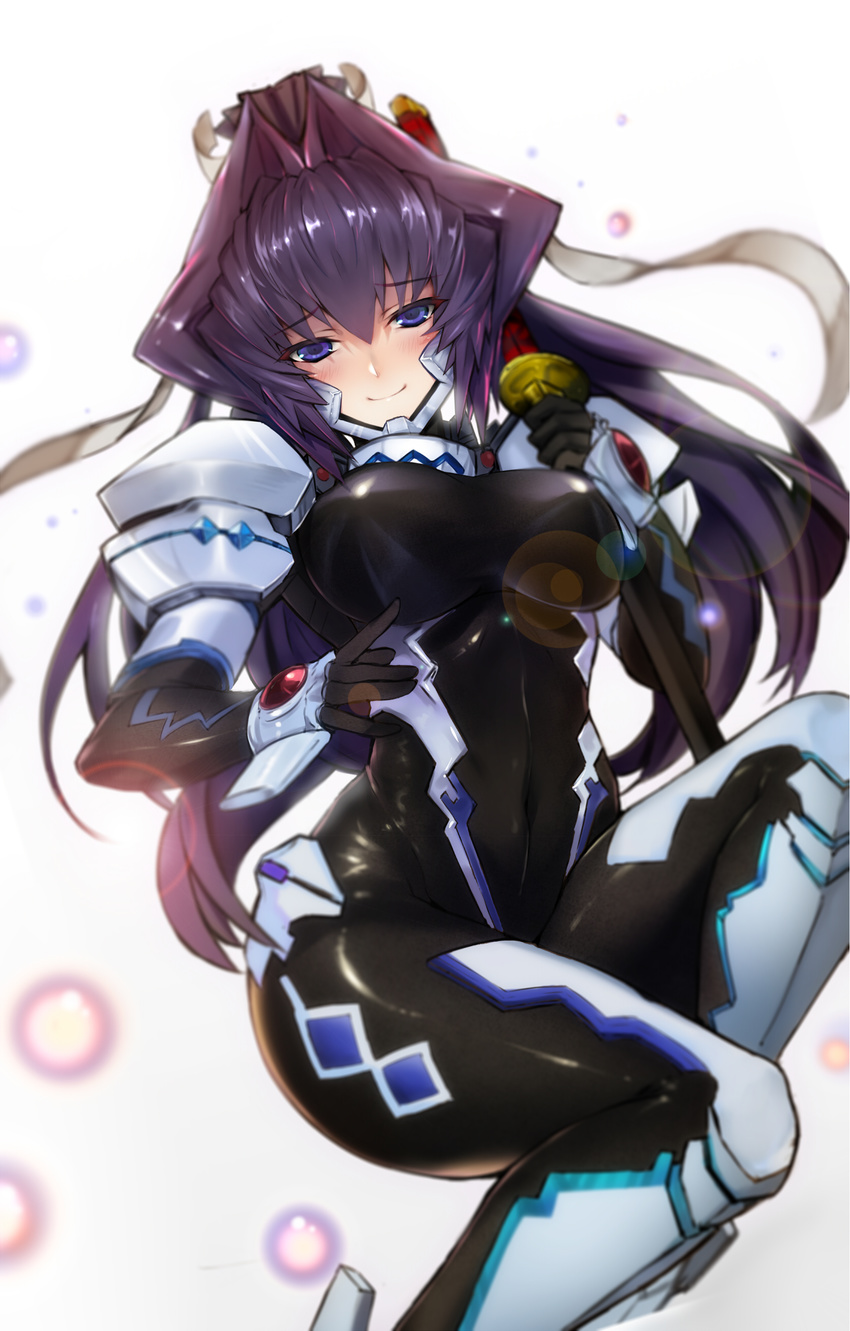 absurdres armor bangs black_gloves blue_eyes blurry bodysuit boots breasts bubble closed_mouth covered_navel depth_of_field eyebrows eyebrows_visible_through_hair ganida_boushoku gloves hair_between_eyes hair_intakes highres holding holding_sword holding_weapon large_breasts lens_flare long_hair looking_at_viewer mitsurugi_meiya muvluv pilot_suit ponytail purple_hair smile solo sword very_long_hair weapon white_background