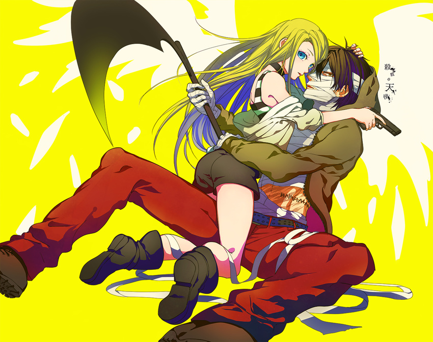 1girl bandage_on_face bandaged_hands bandages black_hair blonde_hair blue_eyes choker copyright_name gun hood hoodie hug isaac_foster kuro_no_haijin long_hair rachel_gardner satsuriku_no_tenshi scythe shirt short_hair shorts striped striped_shirt weapon