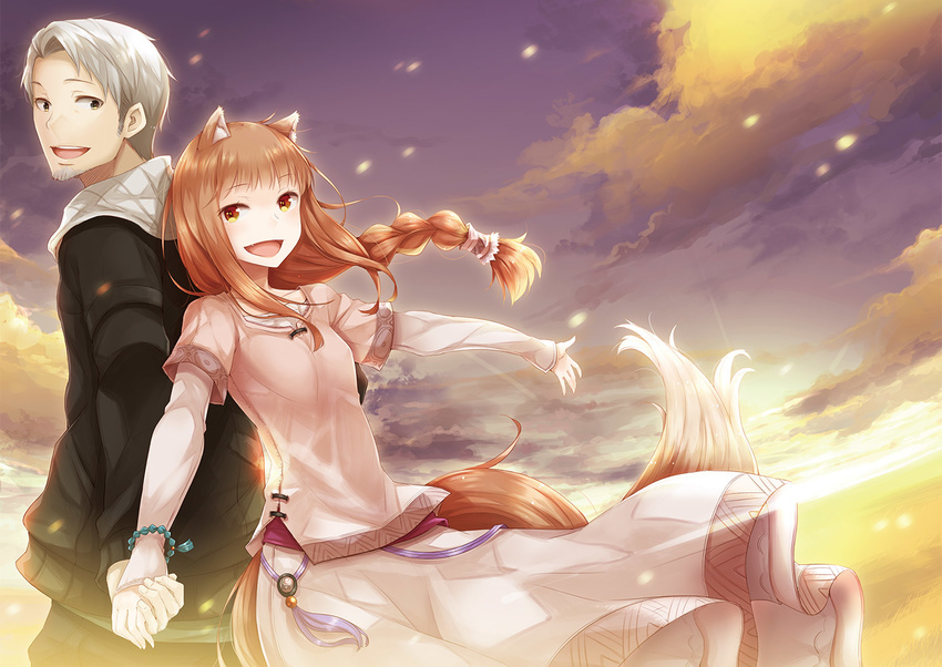 1girl animal_ears ayakura_juu back-to-back bracelet braid brown_eyes brown_hair cloud craft_lawrence dress fang grey_hair holding_hands holo jewelry long_hair looking_at_viewer outstretched_arms short_hair sky smile spice_and_wolf wolf_ears yellow_eyes