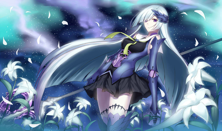 armor breasts brynhildr_(fate) fate/prototype fate/prototype:_fragments_of_blue_and_silver fate_(series) field flower flower_field hair_over_one_eye highres kauto lily_(flower) long_hair medium_breasts polearm purple_eyes silver_hair skirt solo spear thighhighs very_long_hair weapon